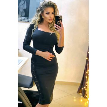 Rochie Midi din Lycra , Cu Maneci Lungi si Accesorizata cu Dantela pe o Parte, Shrilyn, Neagra