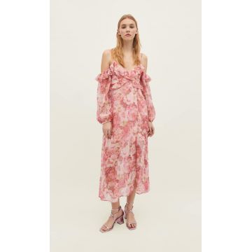 Stradivarius Rochie Midi Cu Imprimeu Și Umeri Descoperiți Roz Deschis L