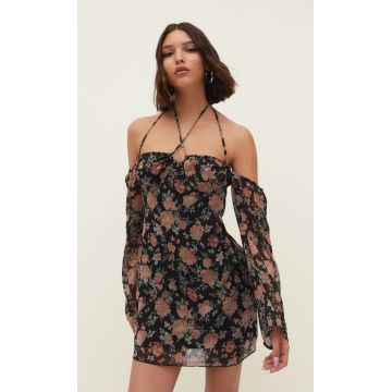 Stradivarius Rochie Scurtă Cu Flori Din Creton Negru Xl