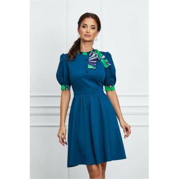 Rochie Dy Fashion albastra cu mansete si guler cu imprimeu