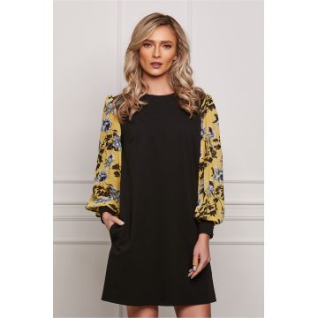 Rochie Dy Fashion neagra cu imprimeu pe maneci Rochie Dy Fashion neagra cu imprimeu pe maneci