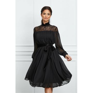 Rochie Dy Fashion neagra din voal cu cordon catifelat in talie