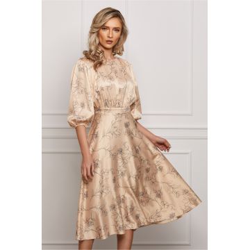 Rochie Dy Fashion satinata bej cu imprimeuri florale negre