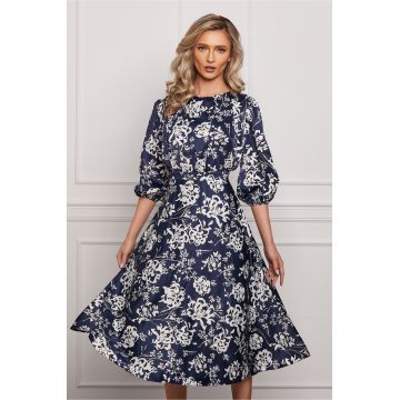 Rochie Dy Fashion satinata bleumarin cu imprimeuri florale albe