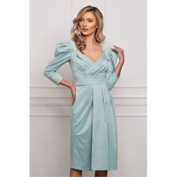 Rochie Dy Fashion verde mint eleganta cu pene la umeri