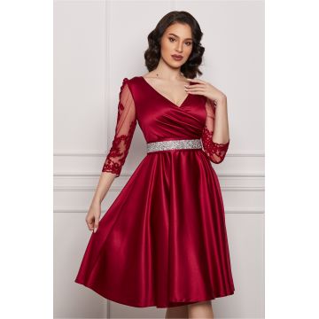 Rochie Ella Collection Adria bordo cu maneci din dantela si cordon in talie