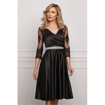 Rochie Ella Collection Adria neagra cu maneci din dantela si cordon in talie