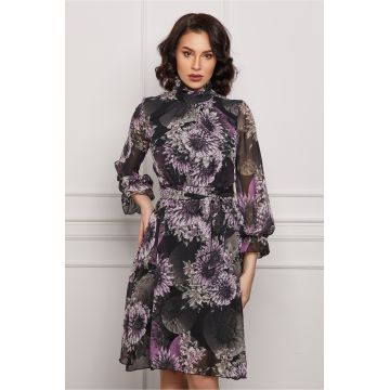 Rochie Iris neagra din voal cu imprimeu floral lila