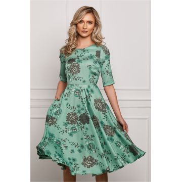 Rochie Larisa verde mint cu flori gri