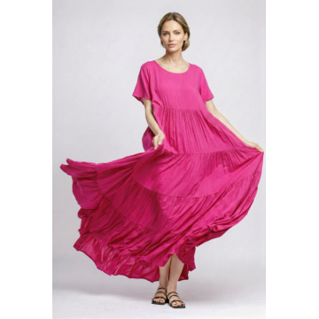 Rochie lunga, croi amplu cu patru volane, stil boem elegant, fucsia