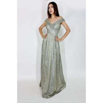 Rochie lunga Elize, cu pliuri definite si decolteu cu mansete pe umeri, Auriu olive, Marime S/M