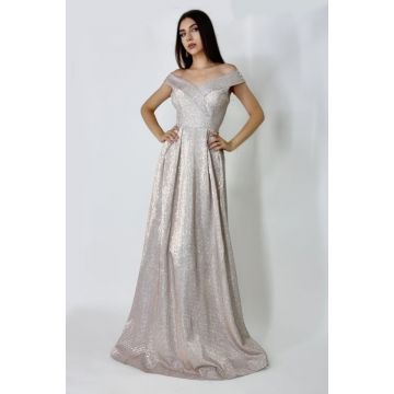 Rochie lunga Elize, cu pliuri definite si decolteu cu mansete pe umeri, Roze, Marime: OneSize S/M