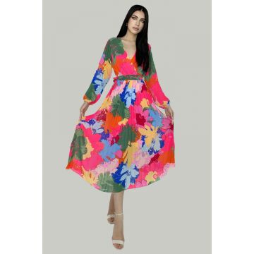 Rochie lunga Kaleya, cu textura plisata, vaporoasa si cordon in talie, Floral scent, Roz