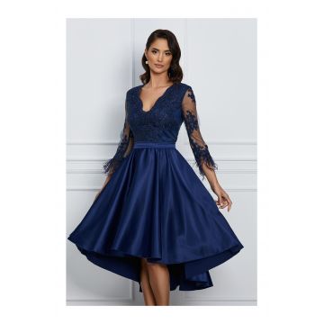 Rochie MBG bleumarin cu bust din dantela si pene la maneci