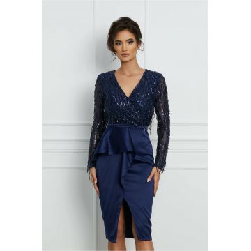 Rochie MBG bleumarin cu franjuri din paiete si peplum in talie