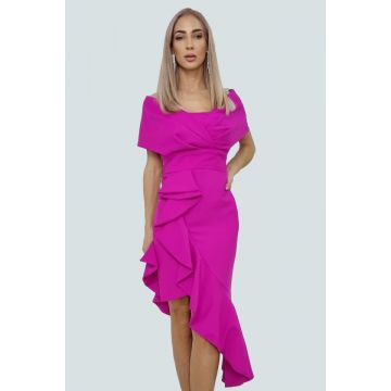 Rochie midi Libre, cu falduri asimetrice si croiala ampla pe umeri tip bolero, Roz