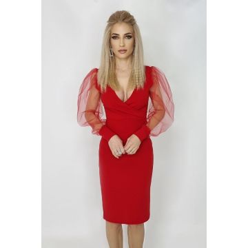 Rochie midi Zephyr, bodycon, cu decolteu amplu si maneci lungi din voal, Rosu, Marime universala S/M, One Size S/M