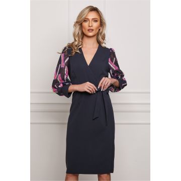 Rochie Nadia bleumarin cu imprimeu fucsia pe maneci si cordon in talie