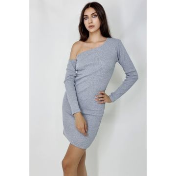 Rochie scurta bodycon Pierce, cu decolteu asimetric si umarul gol, Gri, Marime S/M
