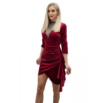 Rochie scurta din catifea Raisa, asimetrica si detaliu transparent cu cristale in zona decolteului, Rosu, Marime S/M