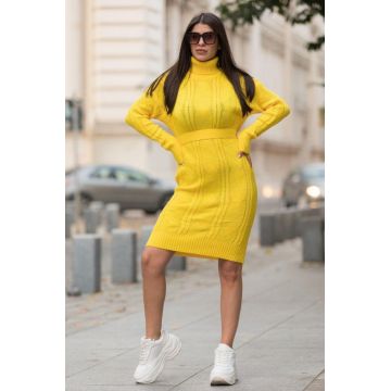 Rochie tricotata Sara, cu guler rulat si maneci lungi, Galben, Marime S/M