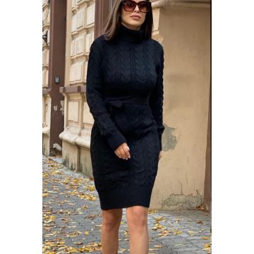 Rochie tricotata Sara, cu guler rulat si maneci lungi, Negru, Marime universala S/M