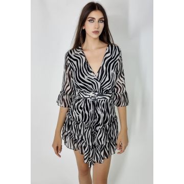 Rochie vaporoasa Evelina, din voal, maneca trei sferturi si curea inclusa, Animal print zebra, Marime universala S/M
