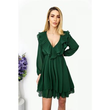 Rochie vaporoasa Theea, cu volane plisate si maneci lungi usor bufante, Verde, Marime universala S/M