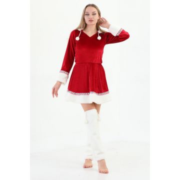 Set rochie Craciunita din catifea si blanita, Sparkle, gluga, jambiere din blanita artificiala si ciucuri