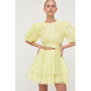 Bardot rochie culoarea galben, mini, evazati