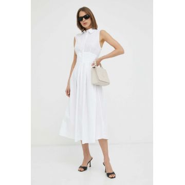 Bardot rochie din bumbac culoarea alb, midi, evazati
