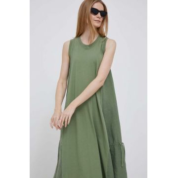 Deha rochie din amestec de in culoarea verde, midi, evazati