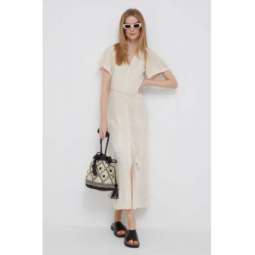 Pepe Jeans rochie din amestec de in Faye culoarea bej, maxi, evazati