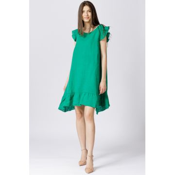 Rochie de vara cu volanas, din in, verde