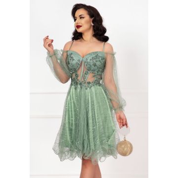 Rochie eleganta Meredith baby-doll mint cu perle si margele