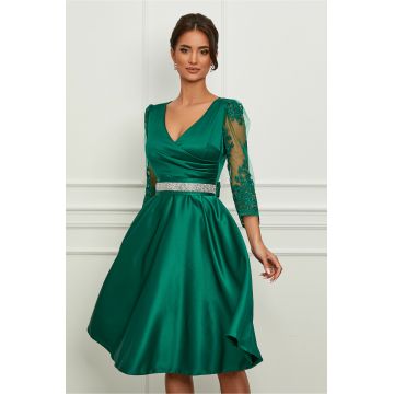 Rochie Ella Collection Adria verde cu maneci din dantela si cordon in talie