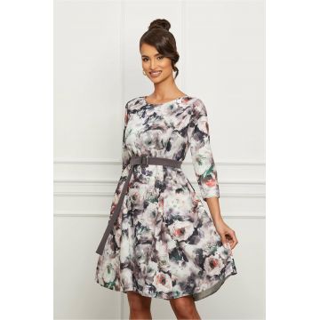 Rochie Anemona gri cu imprimeu floral si cordon in talie