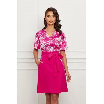 Rochie Dy Fashion fucsia cu imprimeu floral la bust si cordon in talie
