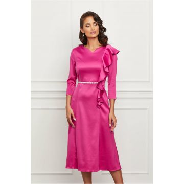 Rochie Dy Fashion fucsia cu volan la bust si accesoriu in talie
