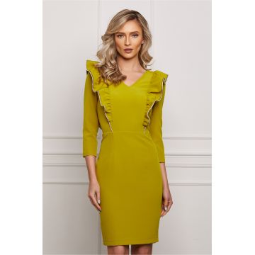Rochie Dy Fashion galbena cu volane si strasuri la bust