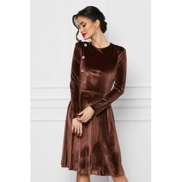Rochie Dy Fashion maro din catifea cu nasturi pe o parte