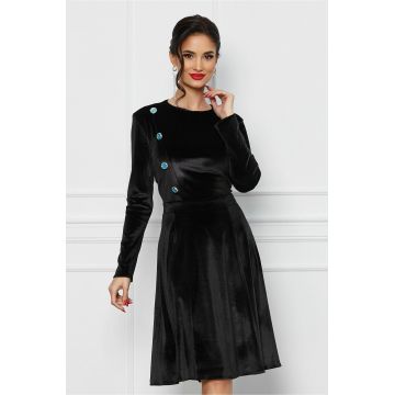 Rochie Dy Fashion neagra din catifea cu nasturi pe o parte