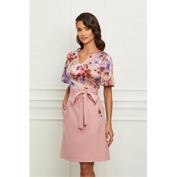 Rochie Dy Fashion roz cu imprimeu floral la bust si cordon in talie