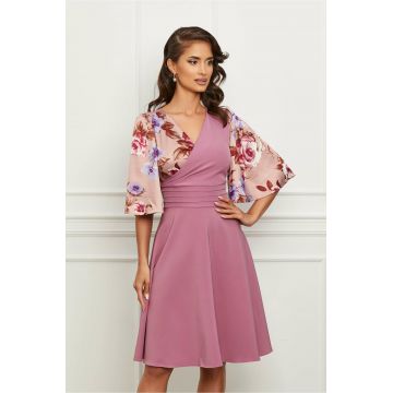 Rochie Dy Fashion roz cu imprimeu floral pe bust si maneci