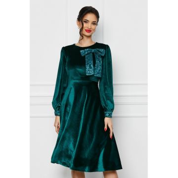 Rochie Dy Fashion verde din catifea cu funda si mansete din dantela