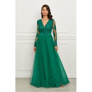 Rochie Ella Collection Alice verde din tull cu broderie la bust