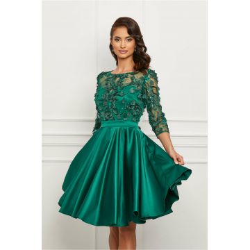 Rochie Ella Collection Cindy verde din tafta cu broderie la bust