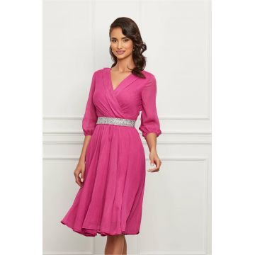 Rochie Ella Collection Julia fucsia cu cordon stralucitor in talie