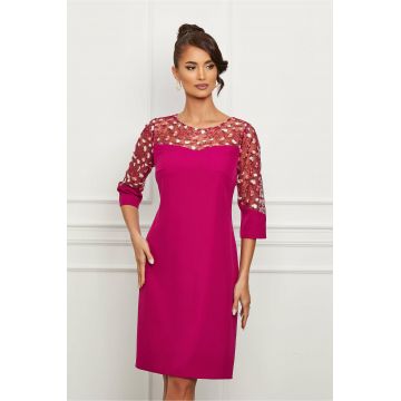 Rochie Maria magenta cu broderie pe maneci si bust