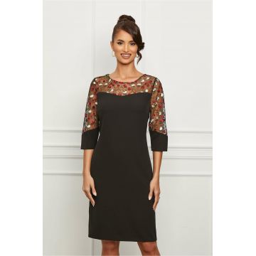 Rochie Maria neagra cu broderie pe maneci si bust